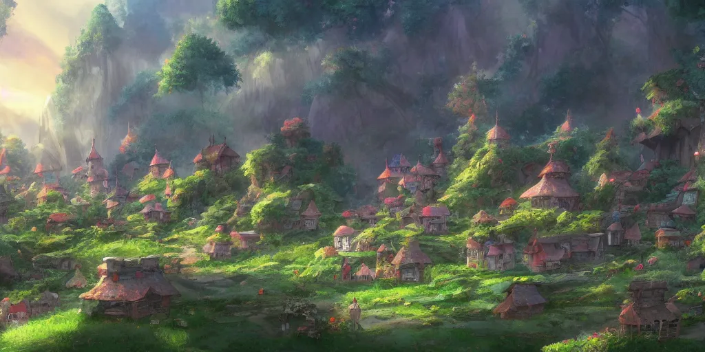 Prompt: a landscape of an elf village, Ghibli, 4k art, trending on art station, 8k, super detailed, makoto shinkai