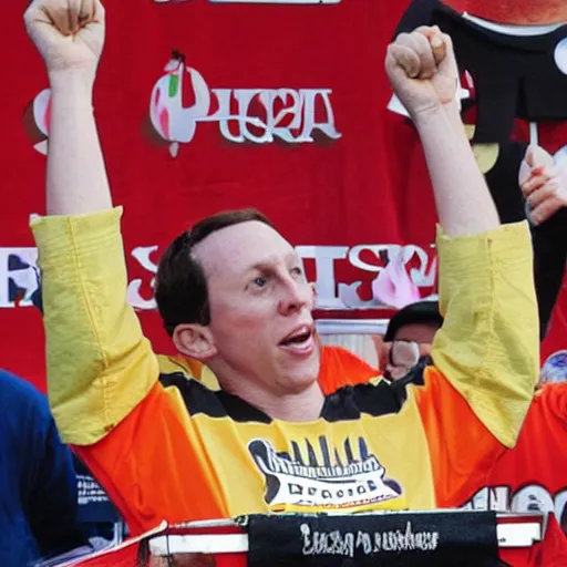 Prompt: joey chestnut eats 6 5 staplers in under ten minutes to win an eating competition, jesus christ looking on approvingly