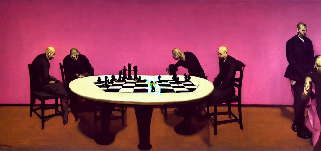 Image similar to time will tell on their power minds, making war just for fun, treating people just like pawns in chess, wait till their judgement day comes highly detailed oil painting, by francis bacon, edward hopper, adrian ghenie, glenn brown, soft light 4 k in pink, cinematic composition, cinematic lighting, masterpiece