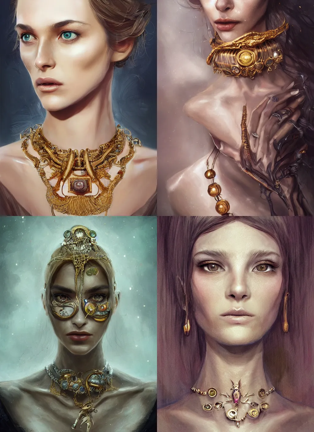 Prompt: realistic character concept, creature of jupyter with lots of jewelry in the face, elegant pose, scifi, illustration, slender symmetrical face and body, artstation, cinematic lighting, hyperdetailed, cgsociety, 8 k, high resolution, charlie bowater, michael shapcott, single face, insanely detailed and intricate, beautiful, elegant, golden ratio, dark