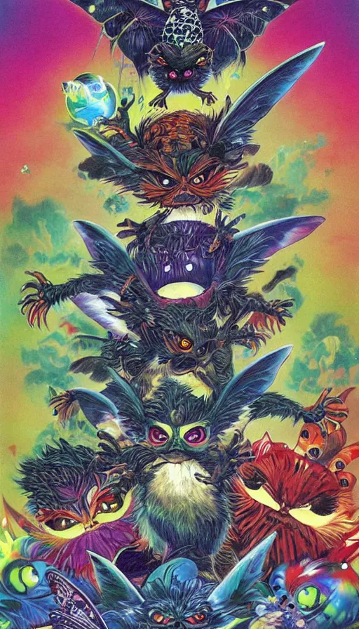 Image similar to gremlins vs mothra art by Noriyoshi Ohrai and Lisa Frank