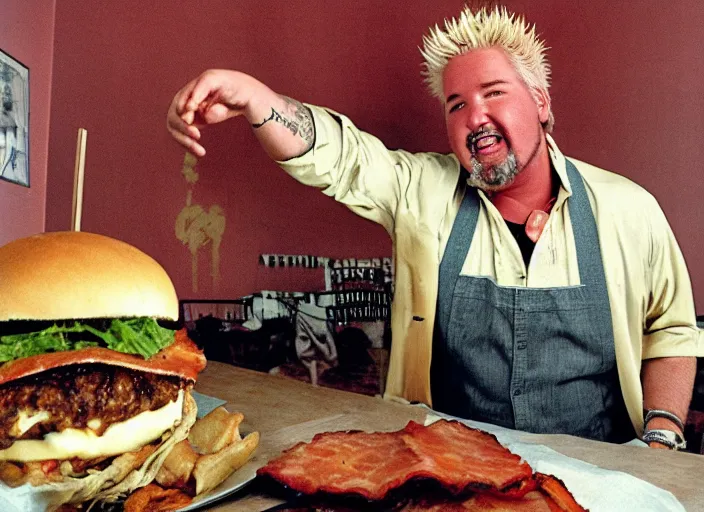 Image similar to guy fieri eating a giant bacon cheeseburger in flavortown, by edward gorey