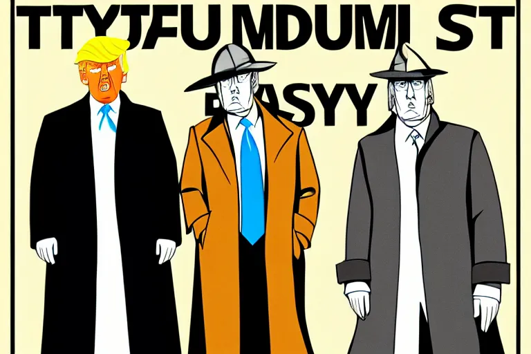 Prompt: poster matte shaded illustration of donald trump and donald trump wearing trench coats and big floppy black spy hats carrying boxes, starring in spy vs spy