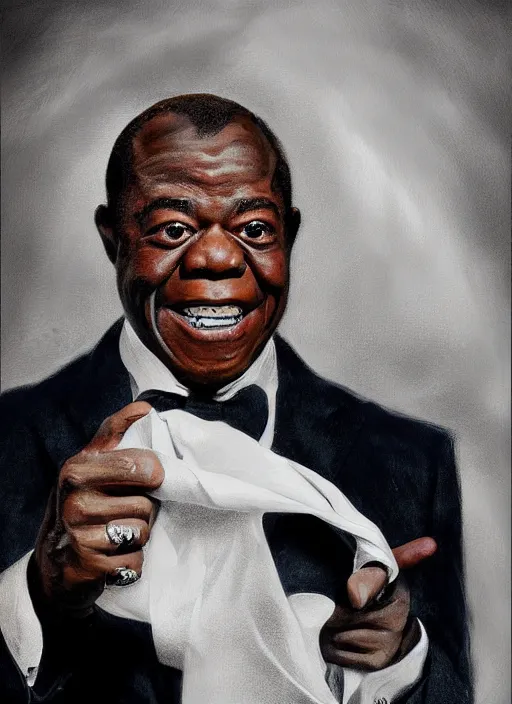 Prompt: a portrait of louis armstrong holding a white handkerchief, by samuel adoquei, dramatic lighting, highly detailed digital painting