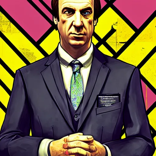 Image similar to Saul Goodman GTA V, cover art by Stephen Bliss,