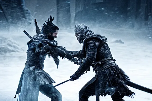 Image similar to very very intricate photorealistic photo of jon snow fighting the night king, photo is in focus with detailed atmospheric lighting, award - winning details