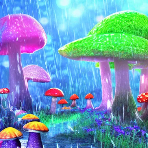 Image similar to a bright magic forest, with multicolored mushrooms and forest creatures dancing in the rain, 4 k, 3 d