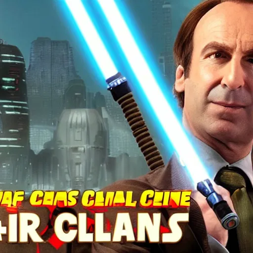 Prompt: Saul Goodman as a Jedi on Coruscant in Star Wars Attack of the Clones”