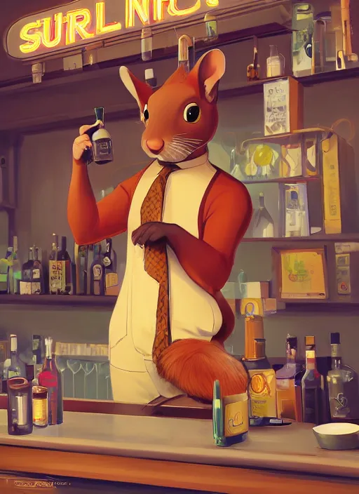 Image similar to squirrel anthro as a dapper bartender with a big, fluffy tail, retro futurism, art deco, detailed, painterly digital art by WLOP and Cory Loftis and Goro Fujita, 🐿🍸🍋, furaffinity, trending on artstation