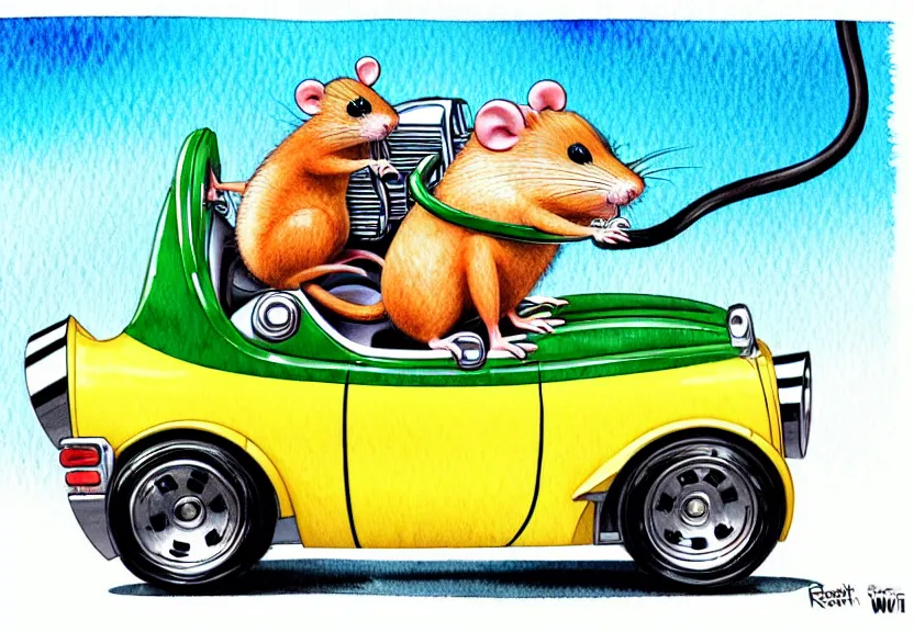 Image similar to cute and funny, rodent riding in a tiny hot rod coupe with oversized engine, ratfink style by ed roth, centered award winning watercolor pen illustration, isometric illustration by chihiro iwasaki, edited by range murata