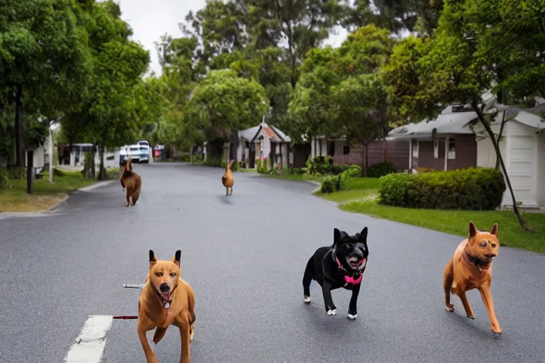 Image similar to a residential street in a suburb with dogs running directly towards the camera, wide shot