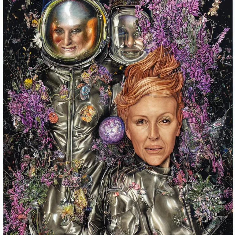 Image similar to portrait painting by wayne barlow and carlo crivelli and glenn fabry, a woman in a skintight silver shining spacesuit with colorful iridescent detailing, covered in bright colorful alien flora and fauna