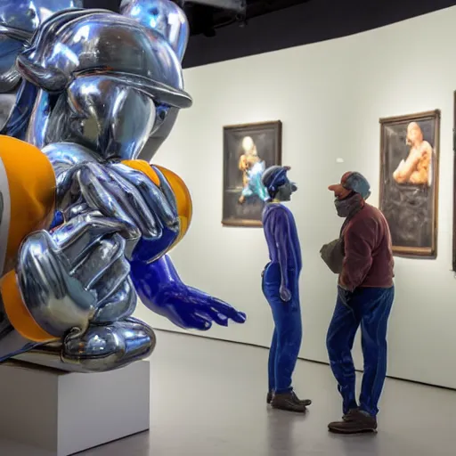 Prompt: a sculpture by jeff koons representing a factory worker in a museum, studio lighting, museum