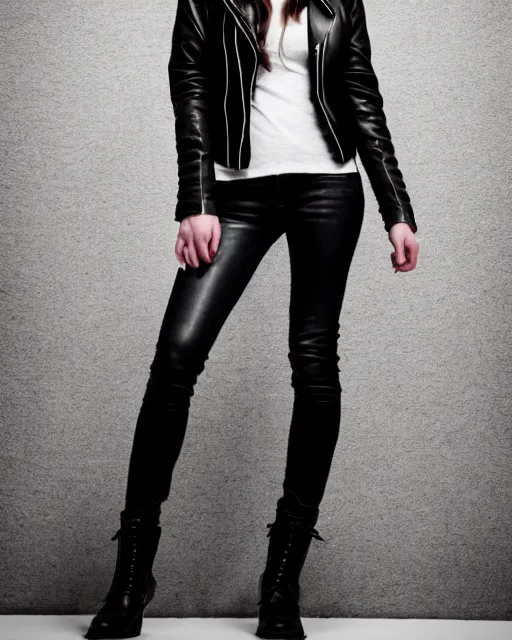 Image similar to young woman in her 20s, she wears a leather jacket and boots, full body shot, taken by a nikon, very detailed face