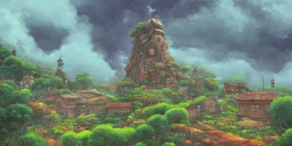 Image similar to a beautiful painting of landscape, mysterious buildings, ghibli style