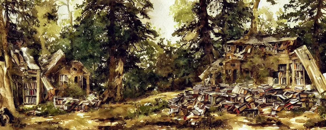 Prompt: watercolor painting, crumbling library in woods, books, trees, deer, bear, birds, nostalgic, enchanting, by john singer sargent,