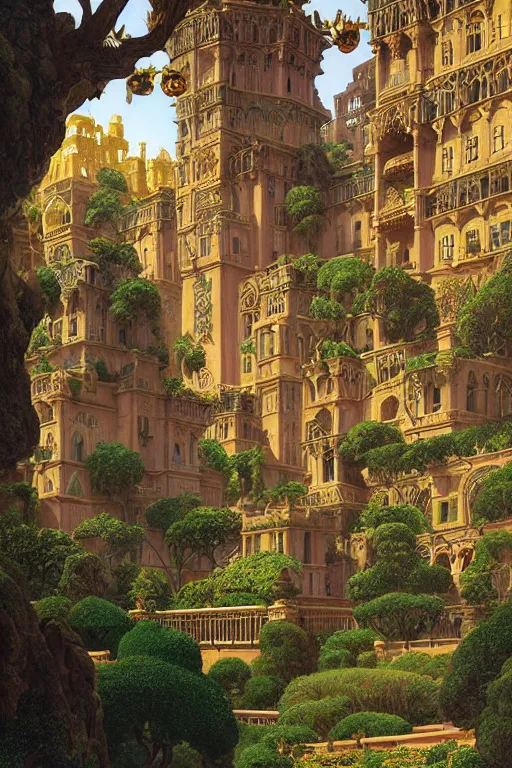 Prompt: ancient carved tower of the moon in its gardens fairytale illustration, elaborate latticed balconies, tall windows, moorish architecture, formal gardens, dramatic cinematic lighting, soft colors, golden age illustrator, unreal engine, by Ludwig Deutsch and Andreas Rocha and (Maxfield Parrish and Nicholas Roerich)