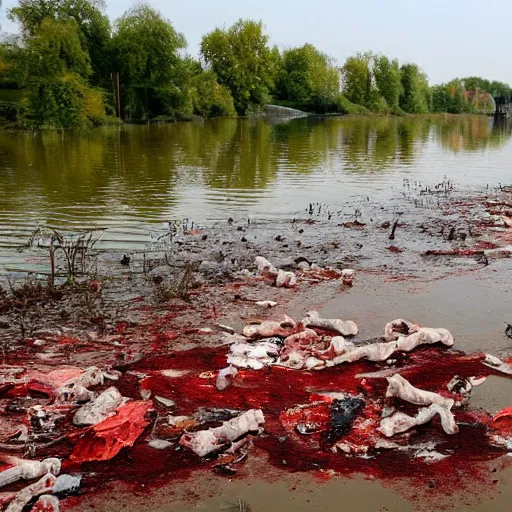 Image similar to odra river filled with blood and bodies of dead fauna in decay, high quality, informative press report photo 1 / 8 f