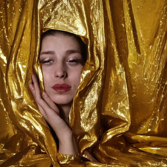 Prompt: a color photograph, closeup portrait of a woman wrapped in a gold mylar foil blanket, sitting in an abandoned coffee shop, color photograph, by vincent desiderio, canon eos c 3 0 0, ƒ 1. 8, 3 5 mm, 8 k, medium - format print