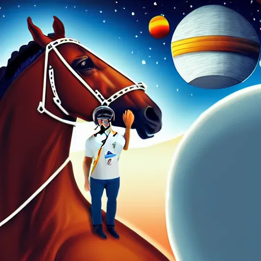 Image similar to a man with a horse nask on his head is riding on astronaut, fine details, concept art