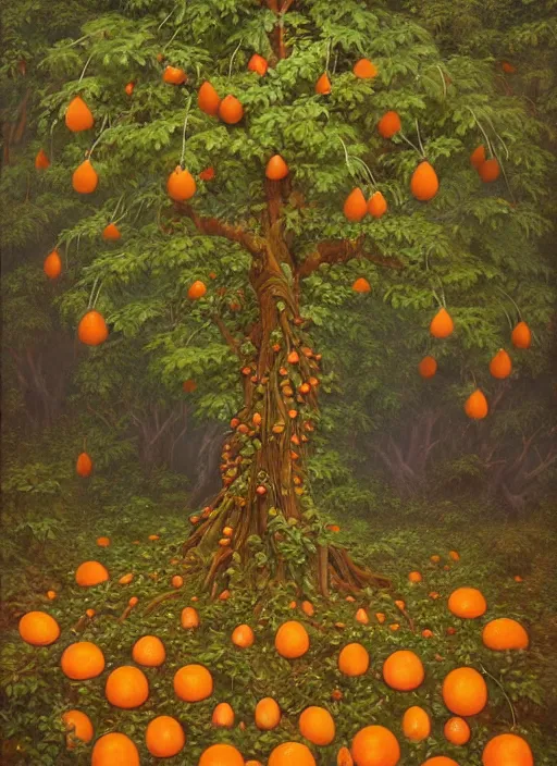 Image similar to ayahuma tree with orange fruits looking like an ent, art by christophe vacher