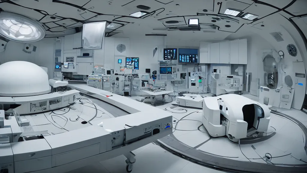 Image similar to a huge mri machine and control panels in the inspection room, film still from the movie directed by denis villeneuve with art direction by salvador dali, wide lens