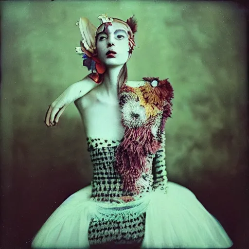 Prompt: kodak portra 4 0 0, wetplate, photo of a surreal artsy dream scene,, girl, ultra - realistic face, weird fashion, extravagant dress, carneval, animal, wtf, photographed by paolo roversi style