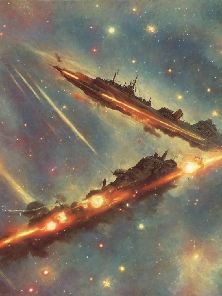 Prompt: World War II battleship going to lightspeed in a nebula, by Mucha, trending on ArtStation