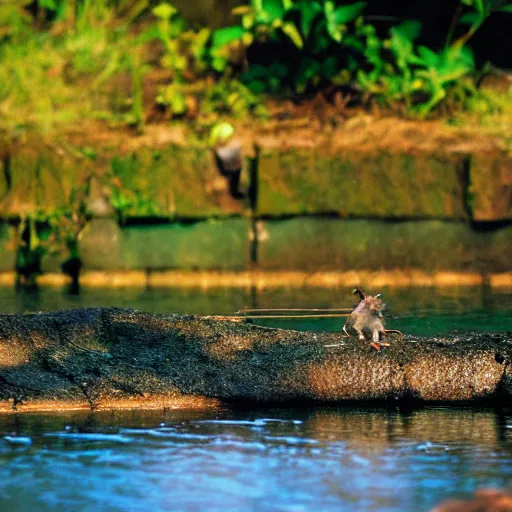 Image similar to 35mm photo of a rat fishing at a riverbank, water, well lit, bright and fun colors