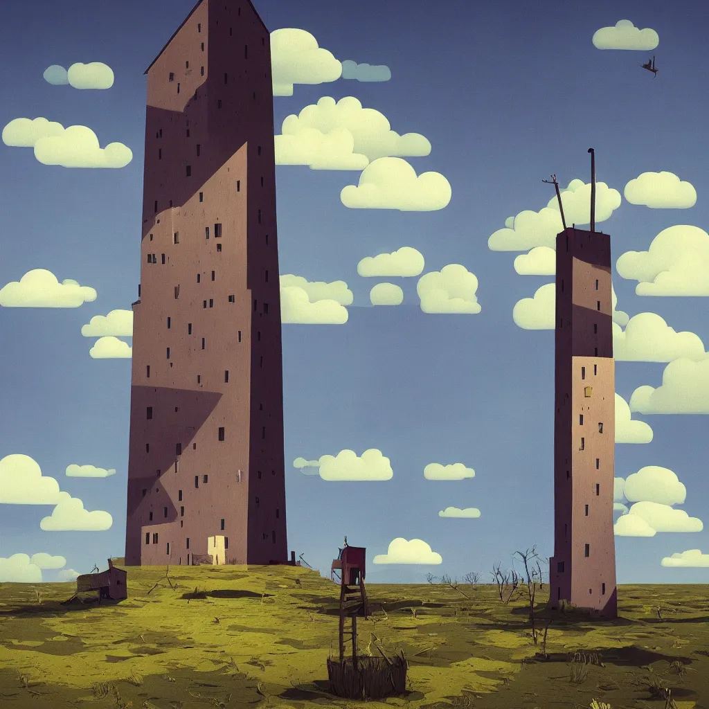 Prompt: single flooded simple wooden tower, very coherent and colorful high contrast!! masterpiece by rene magritte simon stalenhag dan mcpharlin, minimalist, dark shadows, sunny day, hard lighting