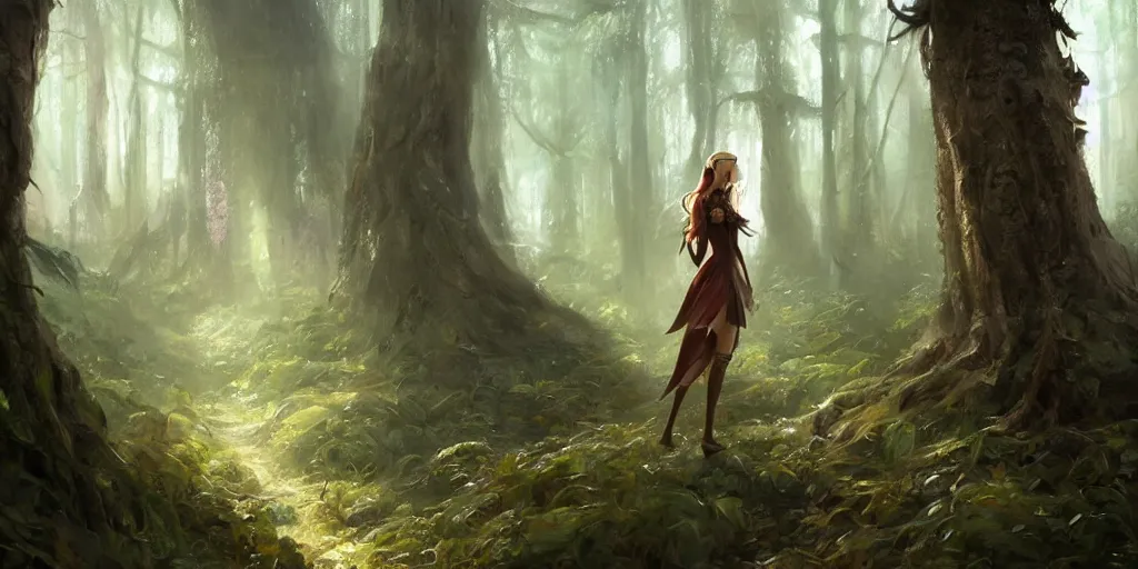 Image similar to close up of a high elf standing in a fairy tale forest, soft lighting, greg rutkowski