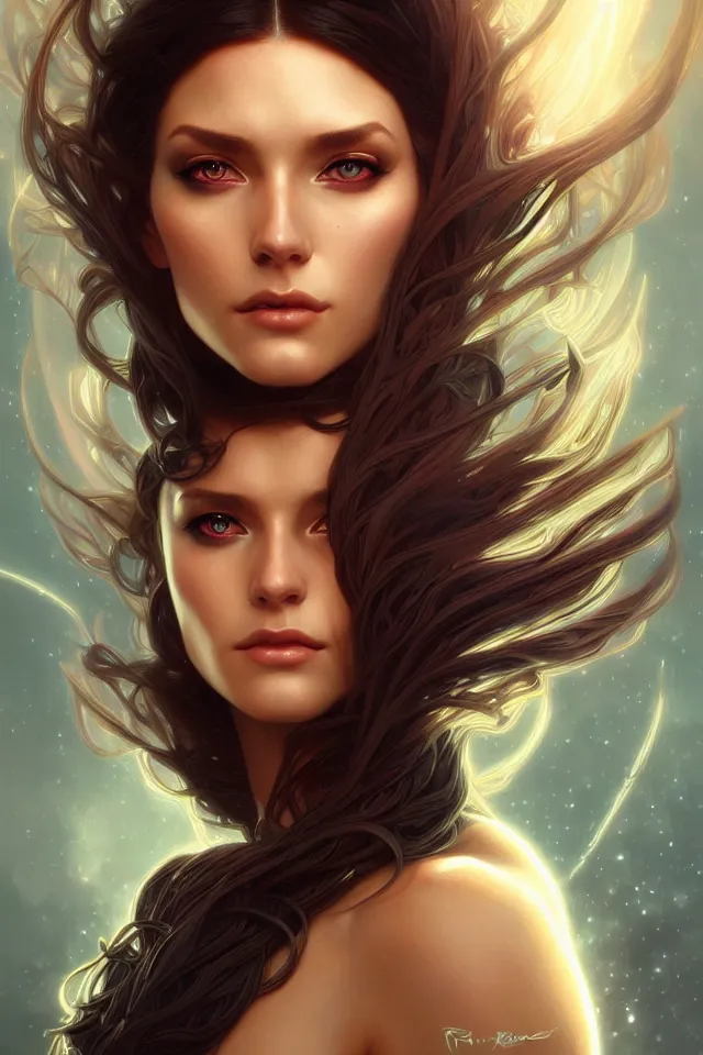 Image similar to futuristic woman portrait, sci-fi, amber eyes, face, long hair, fantasy, intricate, elegant, highly detailed, digital painting, artstation, concept art, smooth, sharp focus, illustration, art by artgerm and greg rutkowski and alphonse mucha