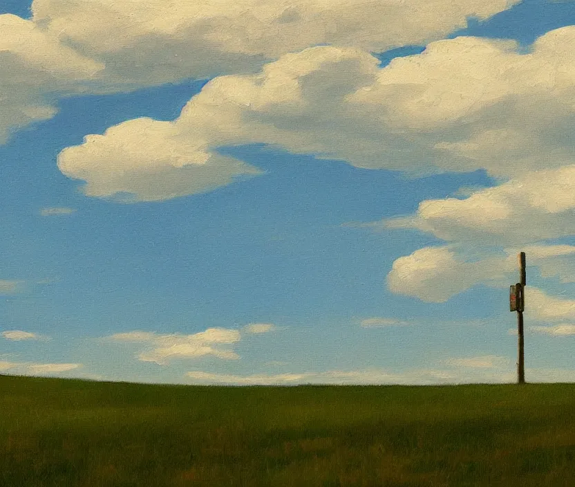 Prompt: a very detailed painting of one billboard on a meadow, billboard has written on it do aliens exist?, baby blue sky with very aesthetic stylized clouds, in the style of edward hopper, very small brushstrokes, 4 k,