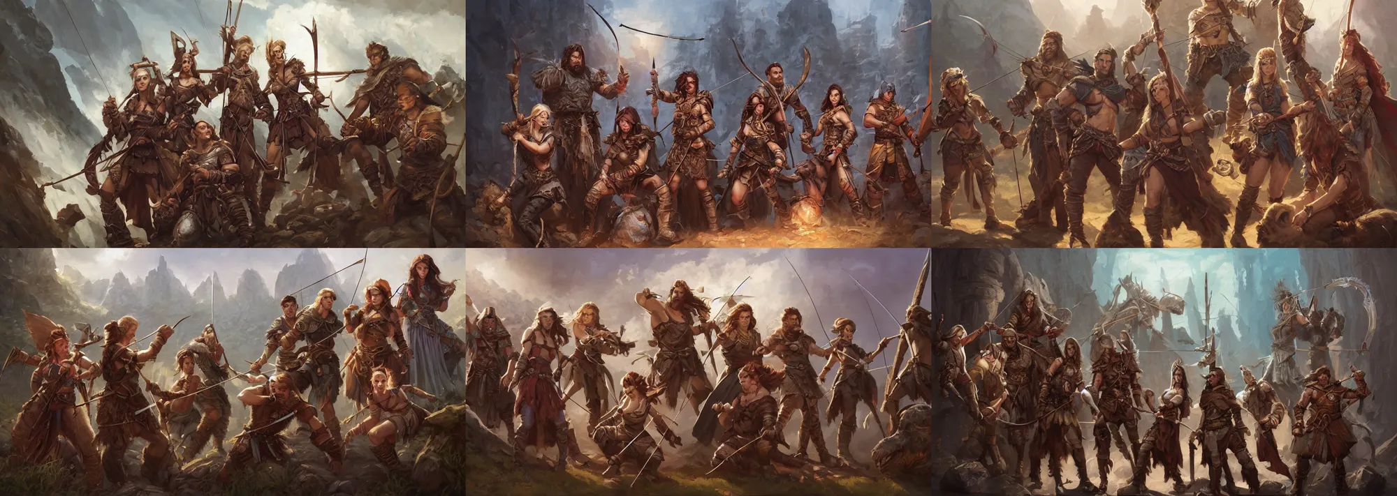 Prompt: Portrait depicting a group of adventurers, composed by Male Barbarian, Female priestess, female archer, male wizard, male rogue, D&D, acrylic painting, high fantasy, by artgerm and Craig Mullins, James Jean, Andrey Ryabovichev, Mark Simonetti and Peter Morbacher, matte painting, trending on artstation, artstationHD, artstationHQ, octane, full HD, 16K, detailed