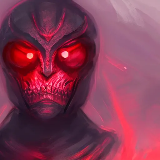 Prompt: a highly detailed headshot portrait of a man wearing a epic dark armor with glowing red eyes concept art