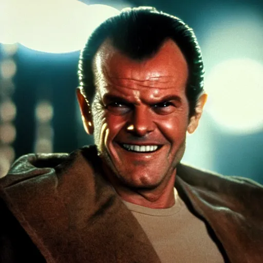 Image similar to 30 year old Jack Nicholson as Rick Deckard on blade runner 1982, movie still, in color, movie frame, light smile, detailed face, symmetrical face, 4k