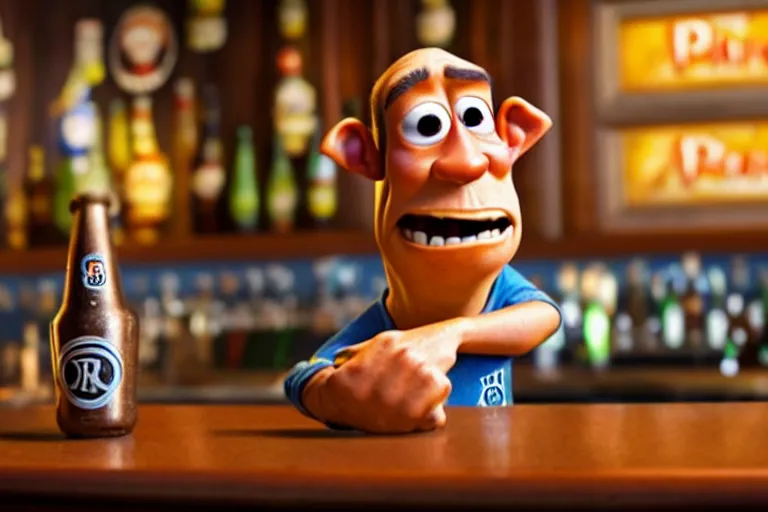 Image similar to a anthropomorphic pint of beer, pixar, who is a customer, waits to be served by a bartender,
