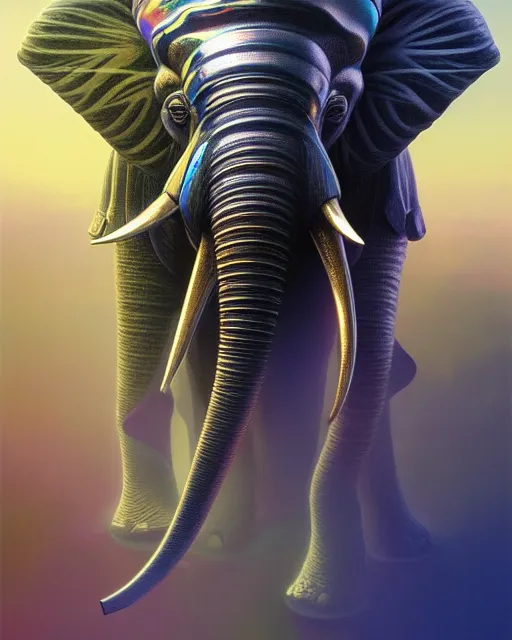 Prompt: highly detailed surreal vfx portrait of a sacred metallic chromatic geometric tribal elephant behance, stephen bliss, unreal engine, greg rutkowski, loish, rhads, beeple, makoto shinkai and lois van baarle, ilya kuvshinov, rossdraws, tom bagshaw, alphonse mucha, global illumination, detailed and intricate environment