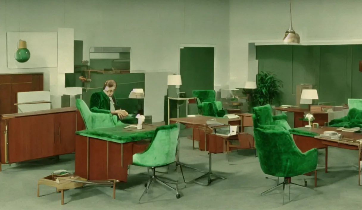 Image similar to a still of severance series indoor 7 0 s green velvet and wood with metal furniture office scenario appearing in a film of jacques tati, in movie playtime ( 1 9 6 7 ) color