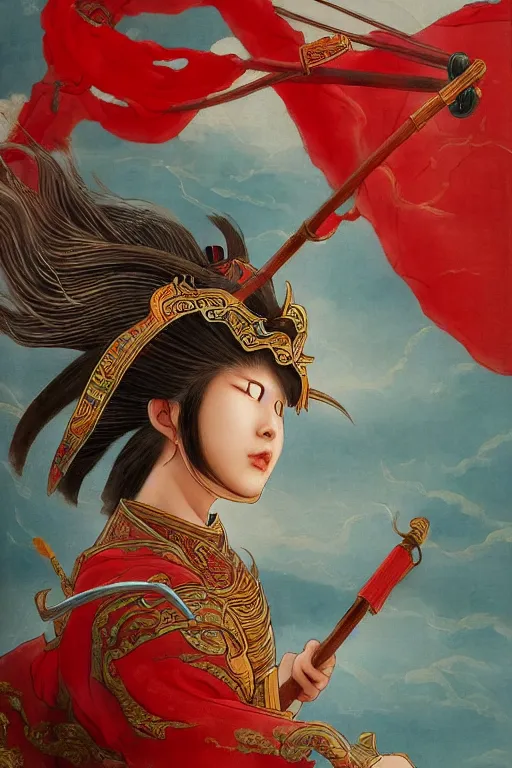 Image similar to a masterpiece portrait of legendry nezha flies riding on the wind fire wheels across the sea, water everywhere, chinese mythology, side view, red cloth around his shoulders, hold spear, cinematic, fantasy character portrait, highly detailed, by ne zha ( 2 0 1 9 ), fenghua zhong