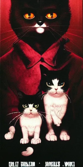 Prompt: Movie poster for a horror film about cats in goth clothes, 1978