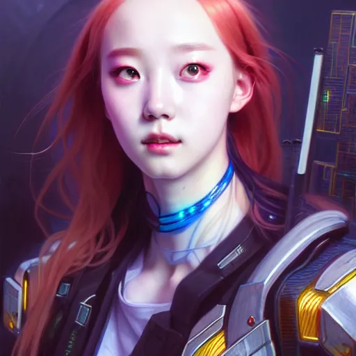 Image similar to portrait painting of cyberpunk chuu from loona as a cheerful smiling mercenary, ultra realistic, concept art, intricate details, eerie, highly detailed, photorealistic, octane render, 8 k, unreal engine. art by artgerm and greg rutkowski and magali villeneuve and alphonse mucha