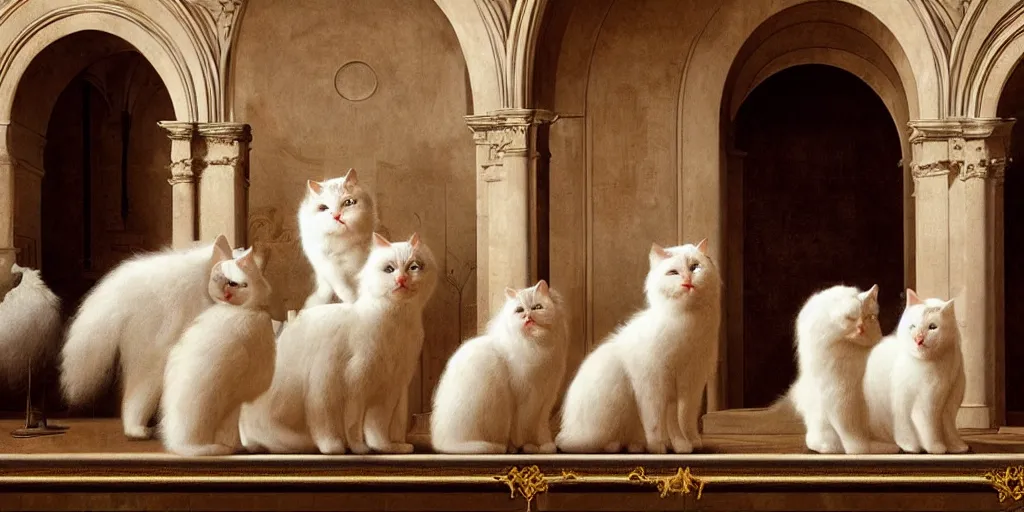 Image similar to beautiful oil matte painting, white fluffy cats holding a church ceremony inside a baroque cathedral, wonderful masterpiece highly detailed, beautiful cinematic light deep focus, elegant, digital painting, smooth, sharp focus, golden ratio, dramatic illumination, ultra realistic, 8 k, art by giovanni bellini and caravaggio