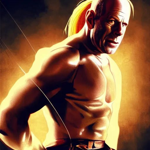 Prompt: bruce willis in the fifth element, cinematic lightning, high definition, illustration, digital painting, cgsociety, dynamic pose, film cover, highly detailed,