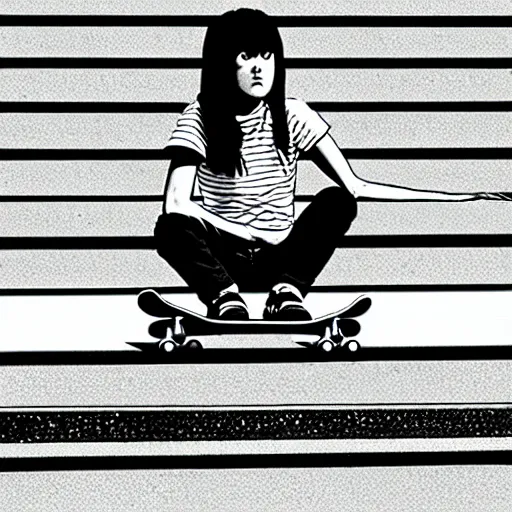 Image similar to skater girl sitting on steps by scott pilgrim, by bryan lee o'malley