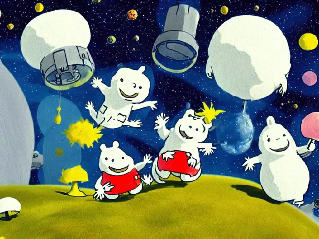 Image similar to moomins in space suits flying around with jetpacks discovering the mushroom planet, photorealistic painting, cgi, low light, movie still, very cozy and fluffy and sweet