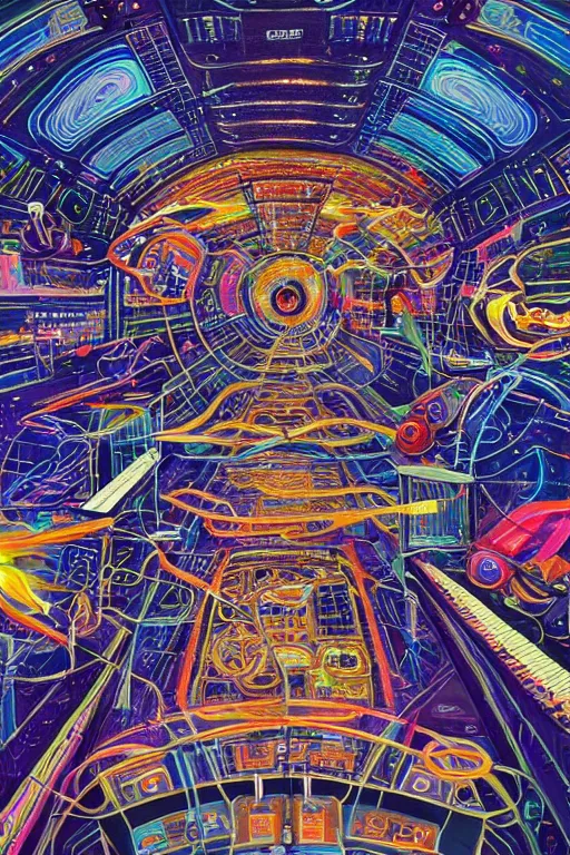 Image similar to a painting of the interior of an international space station filled with electronic equipment, an ultrafine detailed painting by alex grey, behance contest winner, psychedelic art, psychedelic, outlined art, poster art