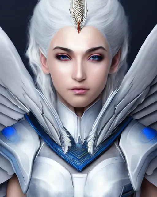 Prompt: perfect white haired attractive egyptian goddess with huge white dove wings, warframe armor, beautiful, symmetric, khaleesi, half asian, pretty face, blue eyes, detailed, scifi platform, laboratory, experiment, 4 k, ultra realistic, epic lighting, android body, illuminated, cinematic, masterpiece, art by akihito tsukushi, voidstar
