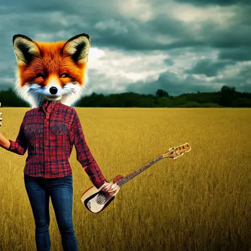 Image similar to a female fluffy anthropomorphic fox animal, head of fox, wearing cowboy hat, wearing plaid shirt, playing guitar, in a field, barn in background, album cover style