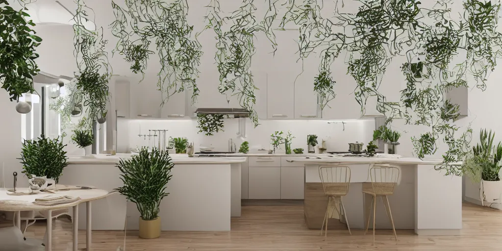 Prompt: a modern kitchen made from a hiper detailed thin golden tendrils, fractal ornaments, clean architecture, pastel colored, some fresh plants, intricate detailed 3 d render, elegant, intense colors, wide shot, octane render, photorealistic, daylight, peaceful, 8 k